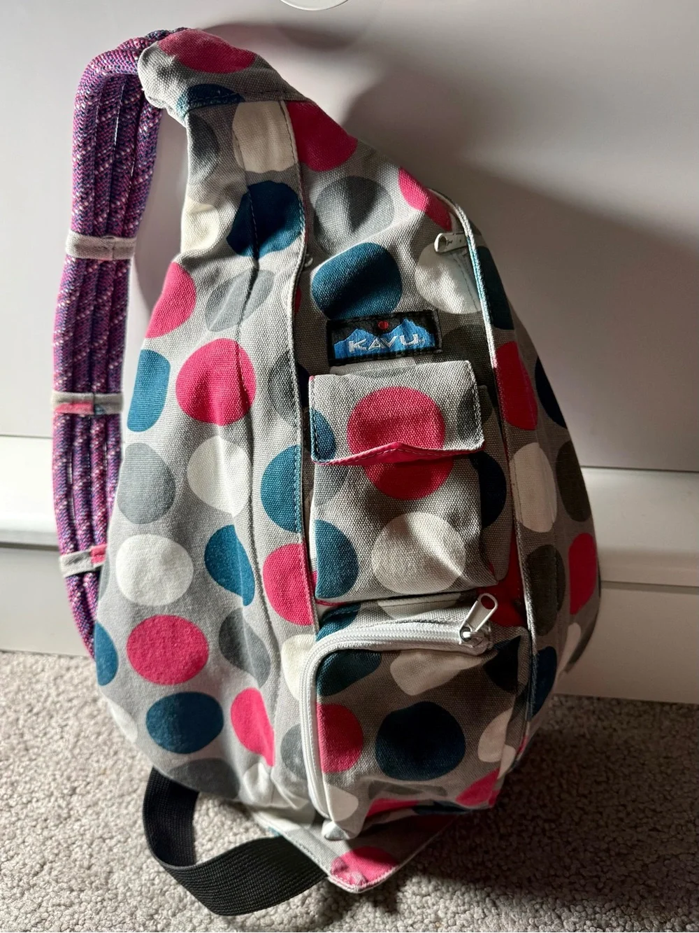 Kavu Gray Sling Backpack with Pink & Blue Dot Print